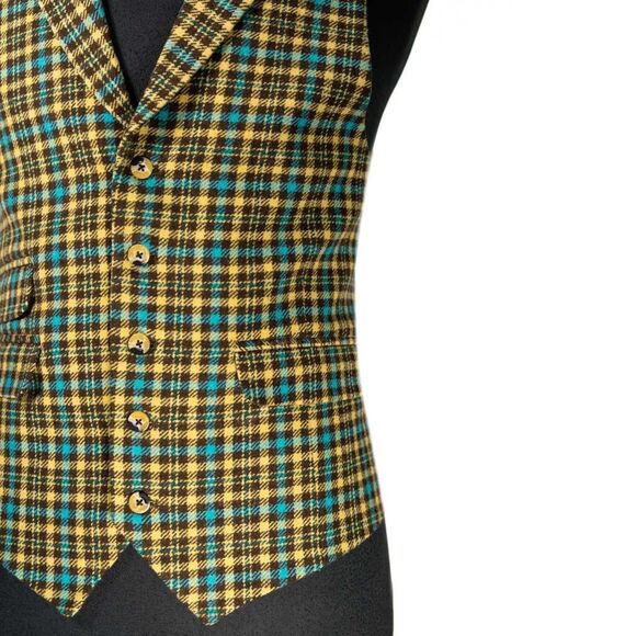Mens 42R Tartan Plaid Wool Vest Waistcoat Yellow Blue Brown Formal Wedding Party - Picture 6 of 10